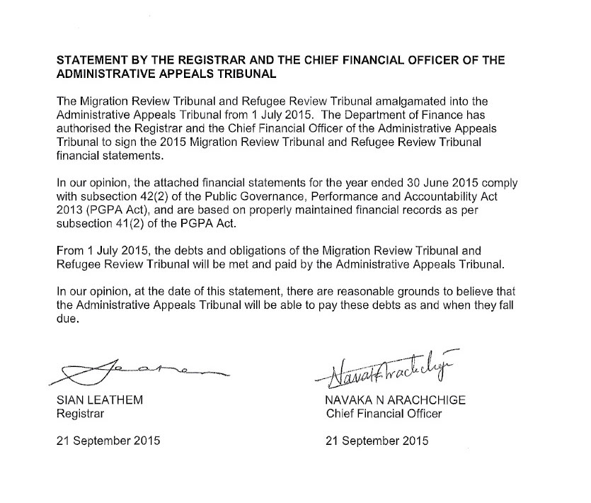 Statement by the Registrar and The Chief Financial Officer of the AAT