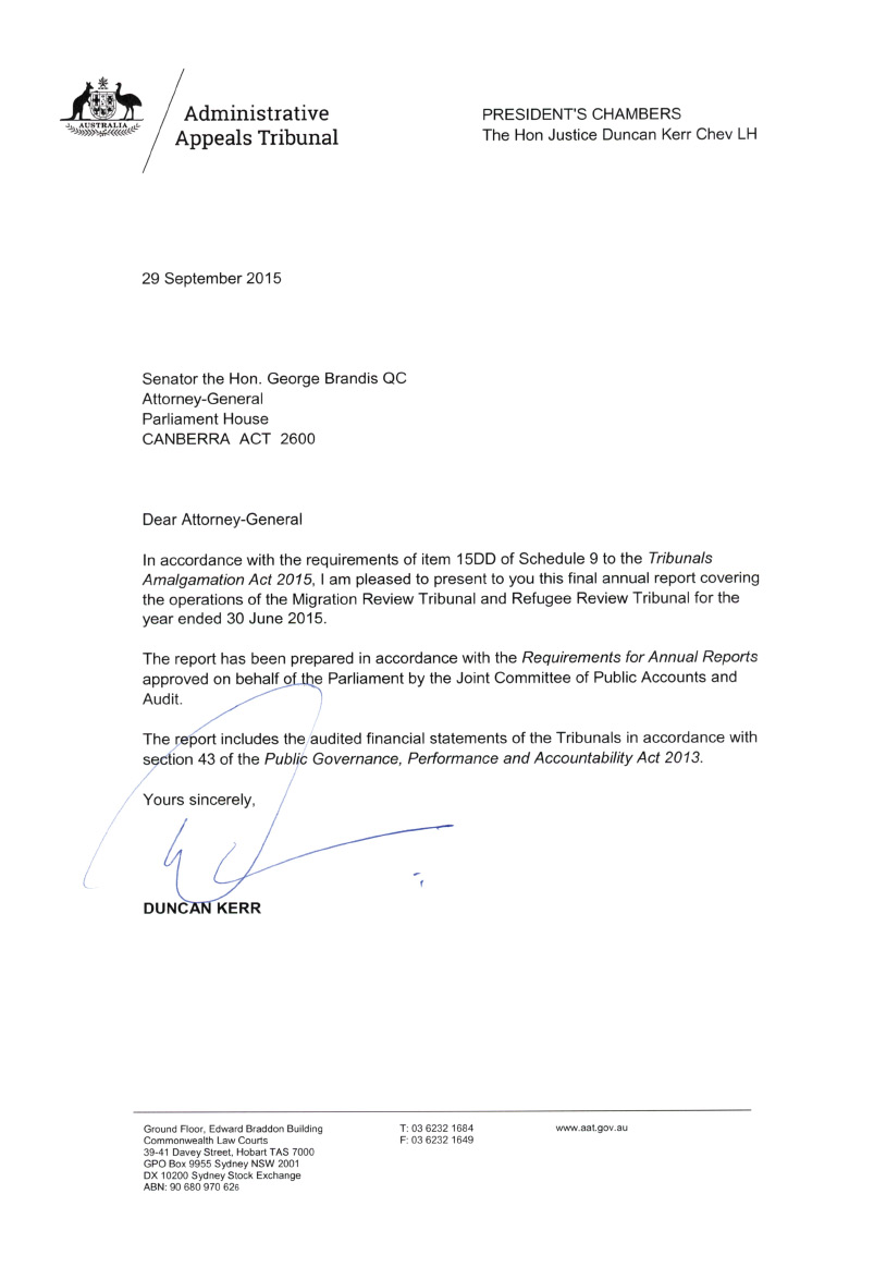 Letter to Attorney General from President of the AAT presenting the MRT-RRT  Annual Report